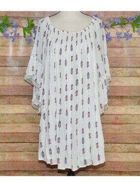 Womens 1X White Crinkle Mini Shift Dress Aztec Southwest Smocked Bell Sleeve